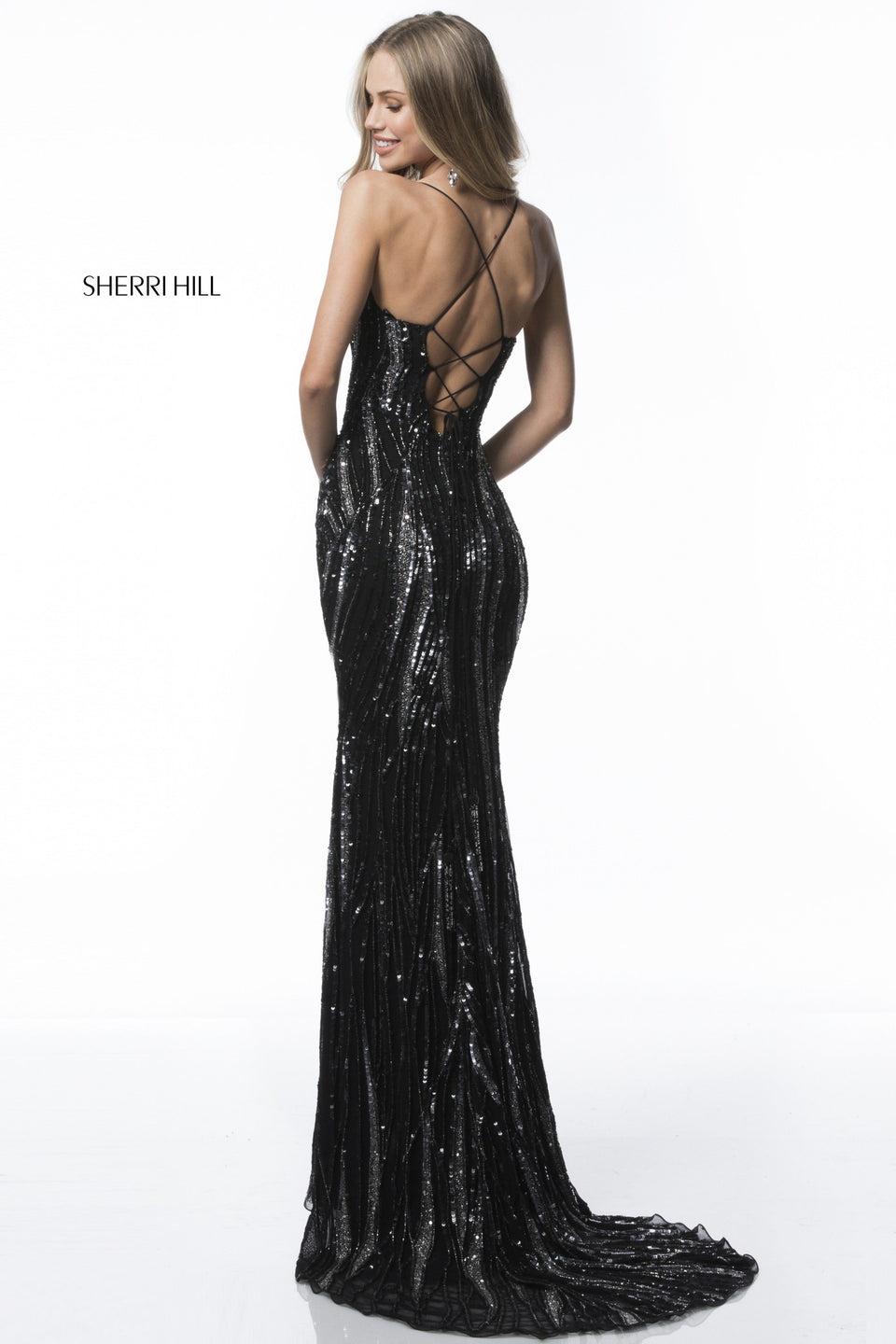 Sherri Hill Sequin Fitted Gown With Slit Skirt And Criss-cross Straps On The Back