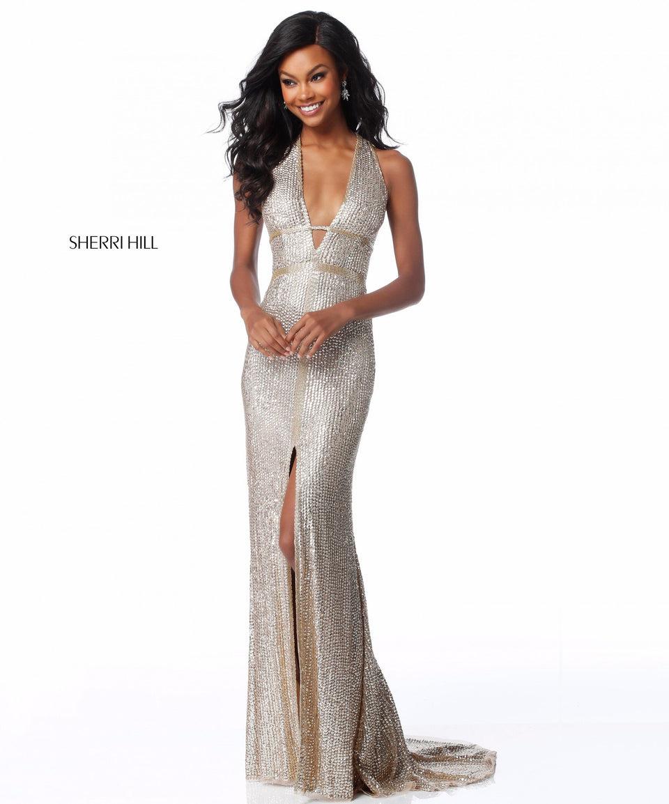 Sherri Hill Sequin Fitted Gown With Slit Skirt And Deep V Bodice With Cut Out Back