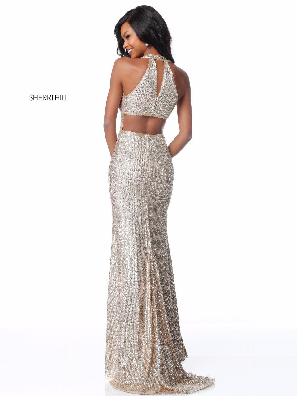 Sherri Hill Sequin Fitted Gown With Slit Skirt And Deep V Bodice With Cut Out Back