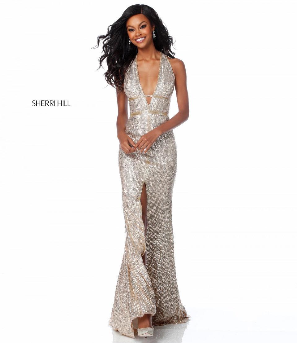 sherri hill Sequin fitted gown with slit skirt and deep V bodice with cut out back