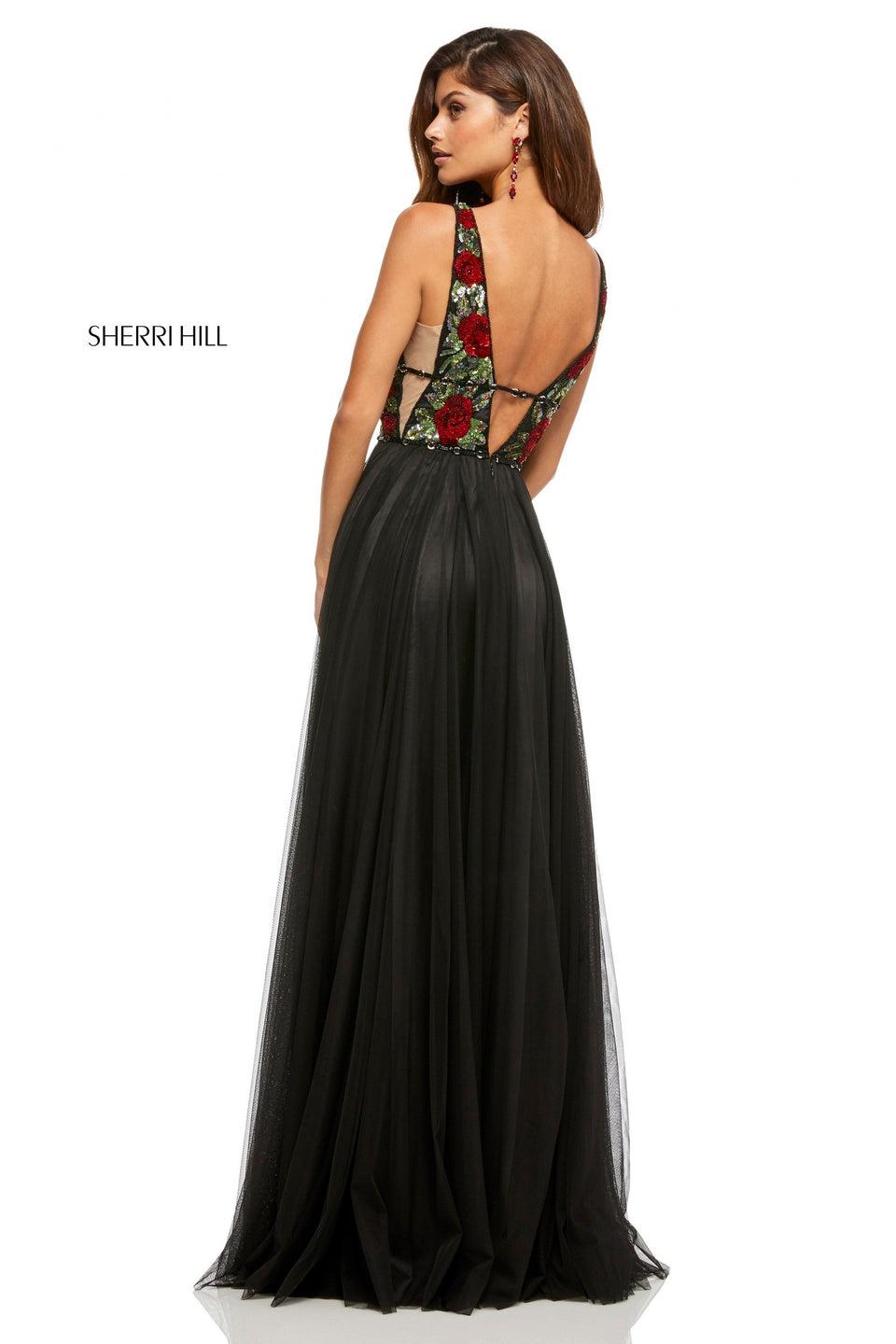 Sherri Hill Sequin Floral Print Plunging Neckline Bodice With Chiffon Skirt