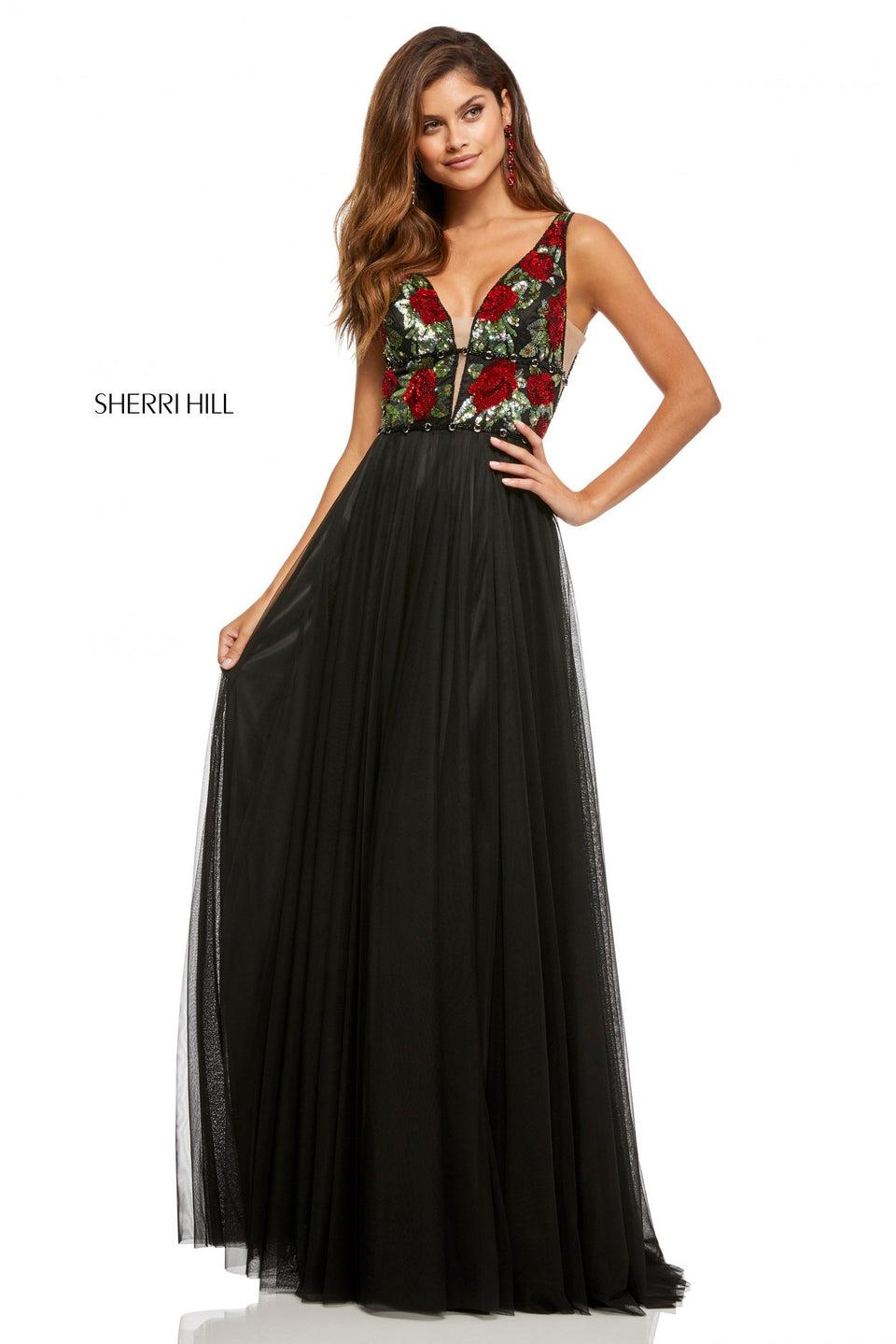 sherri hill Sequin floral print plunging neckline bodice with chiffon skirt