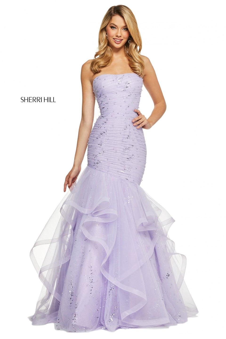 Sherri Hill Sequin Glitter And Pearl Beaded Tulle Mermaid Dress With Strapless Neckline Ruched Bodice And Ruffle Skirt