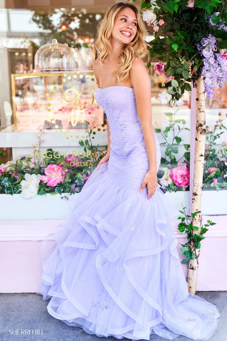 sherri hill Sequin glitter and pearl beaded tulle mermaid dress with strapless neckline ruched bodice and ruffle skirt