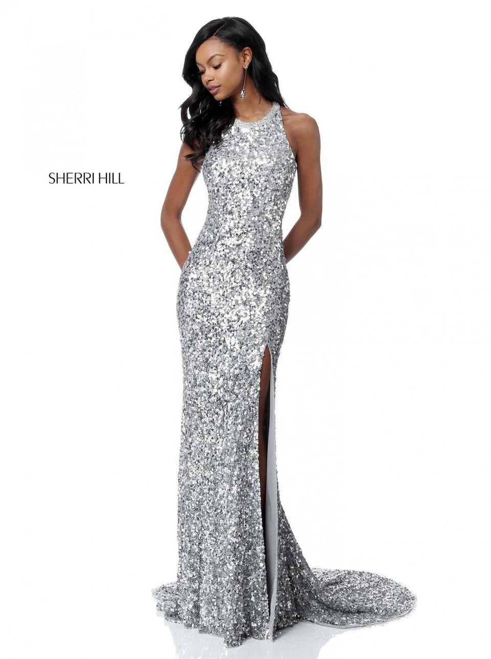 Sherri Hill Sequin Gown With Halter Bodice Cut Out Back And Slit Skirt