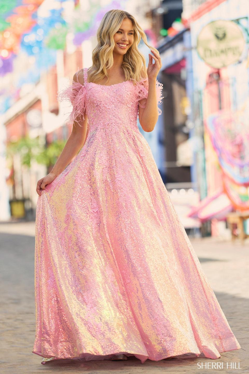 sherri hill Sequin lace ballgown with removable off the shoulder feathers
