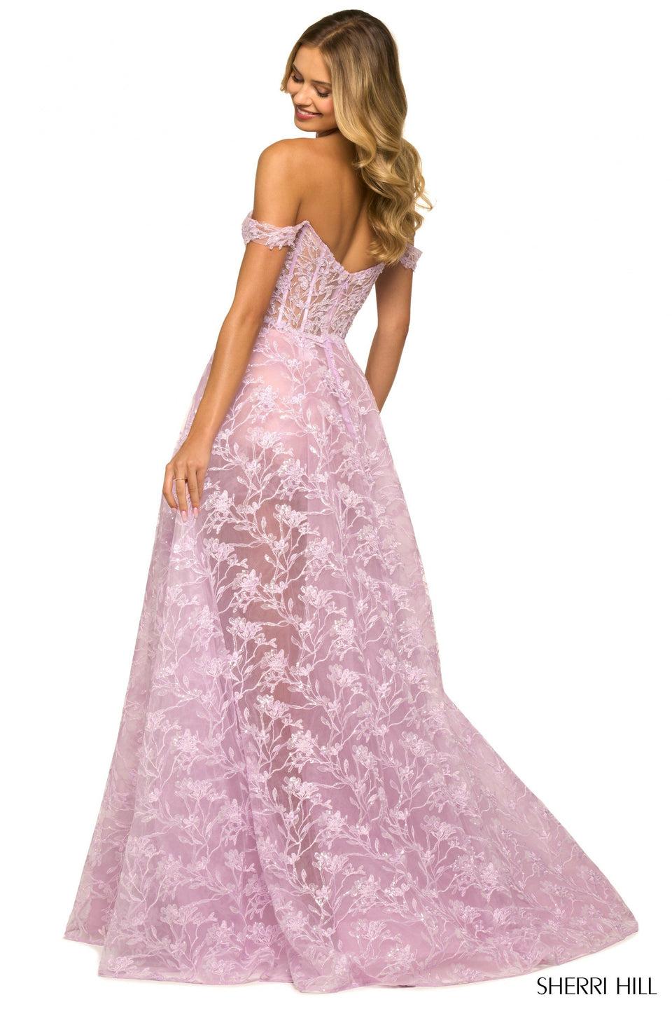 Sherri Hill Sequin Lace Ballgown With Sheer Corset Top Off The Shoulder Sleeves And Removable Shorts Underneath Skirt