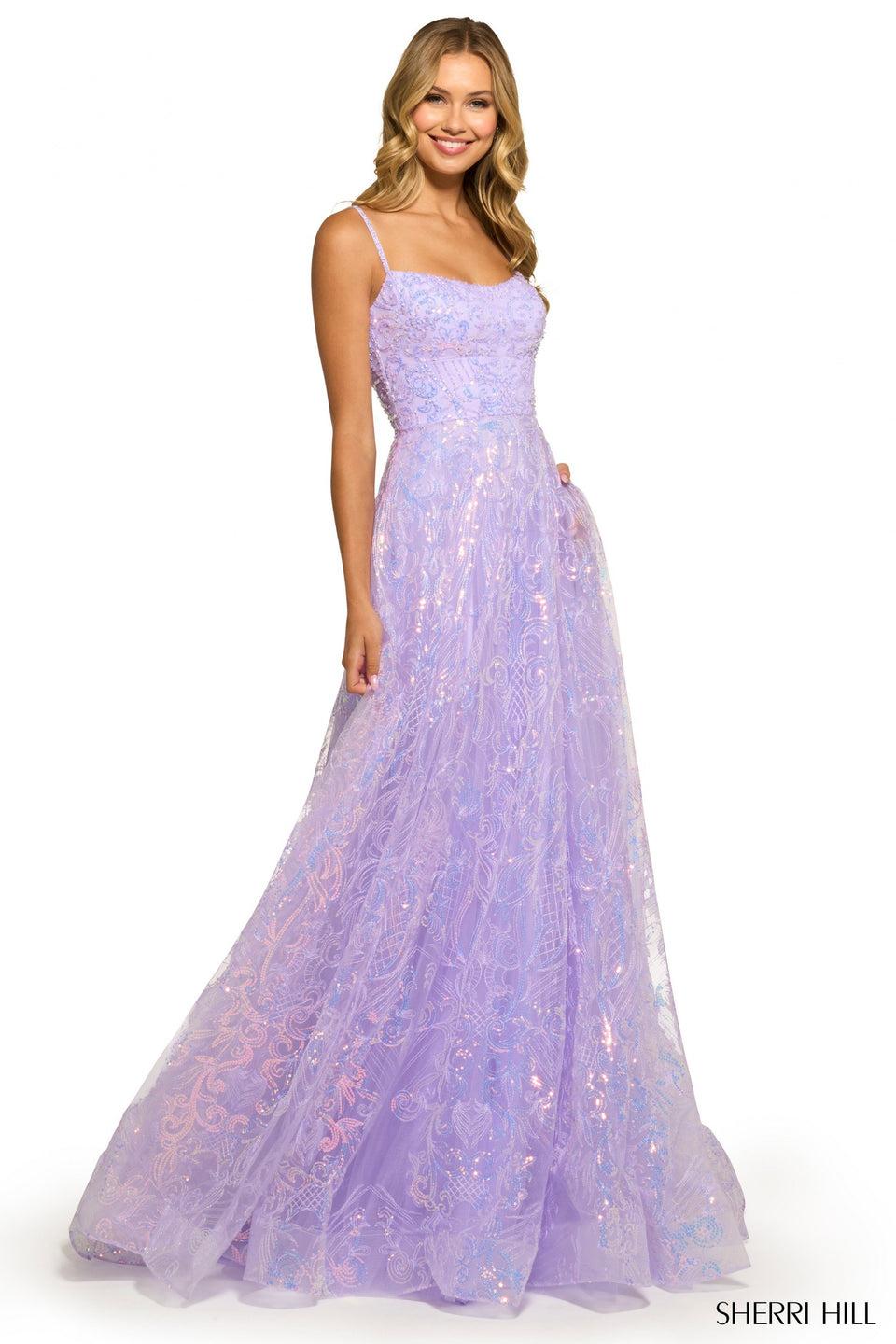 sherri hill Sequin lace ballgown with straight neckline and lace up back