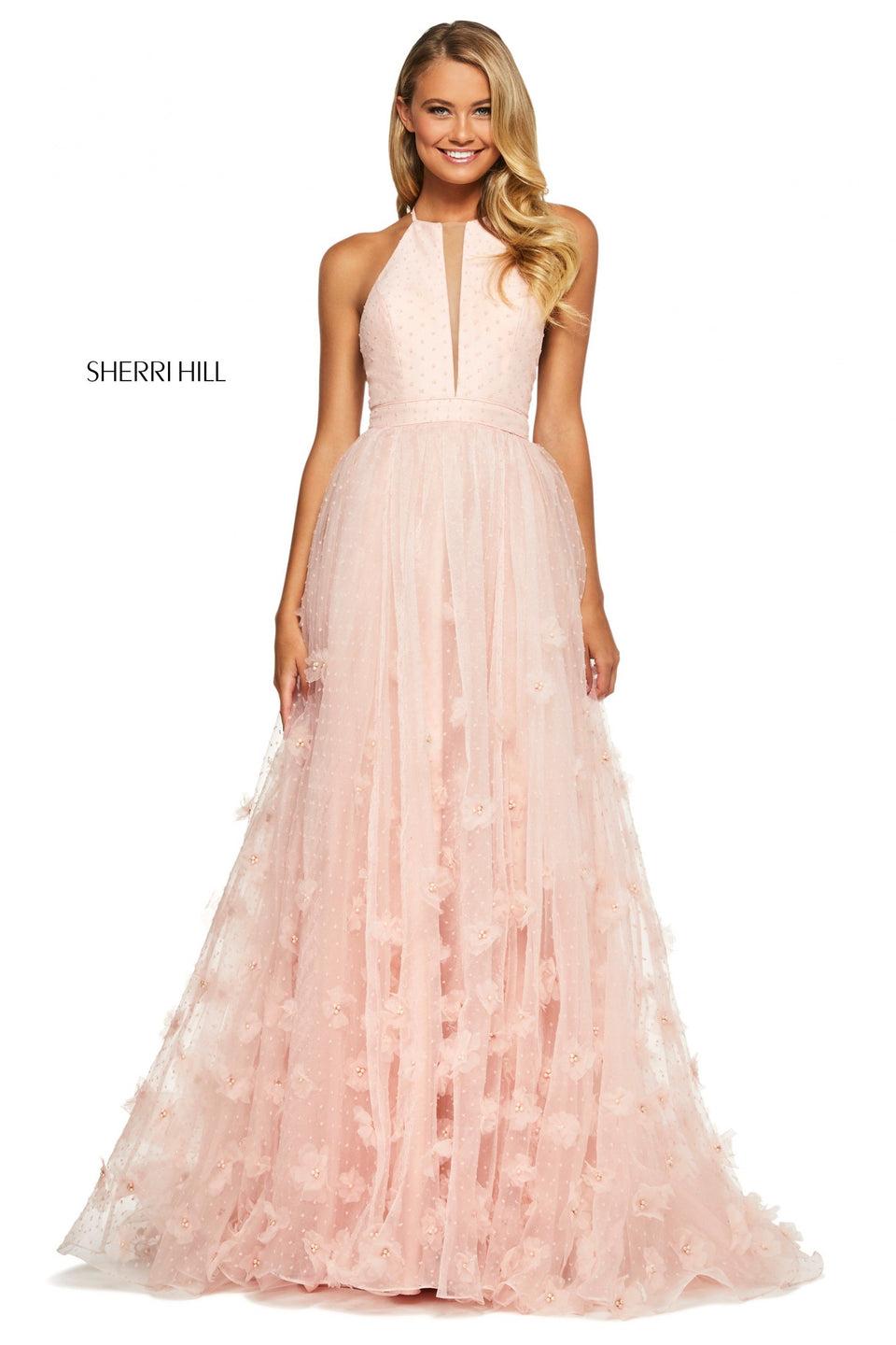 sherri hill Sequin lace fitted dress with high cut halter style neckline
