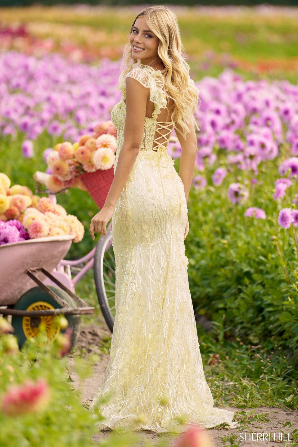 Sherri Hill Sequin Lace Fitted Gown With Corset Bodice Ruffle Sleeves And Lace Up Back