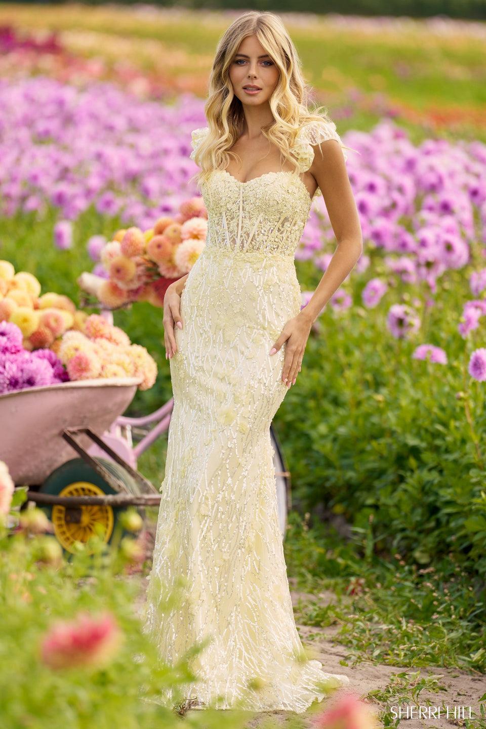 sherri hill Sequin lace fitted gown with corset bodice ruffle sleeves and lace up back