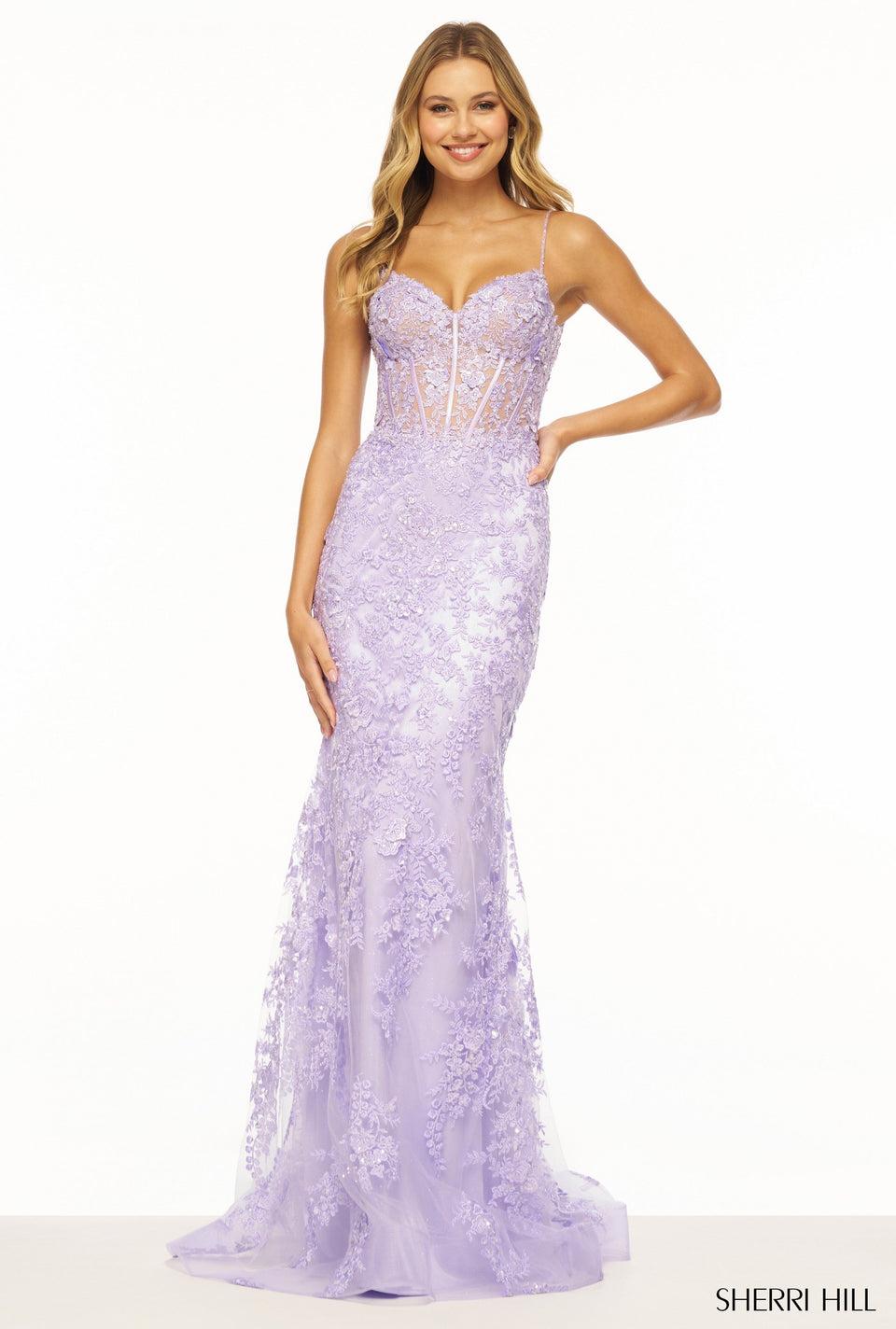 sherri hill Sequin lace fitted gown with corset bodice