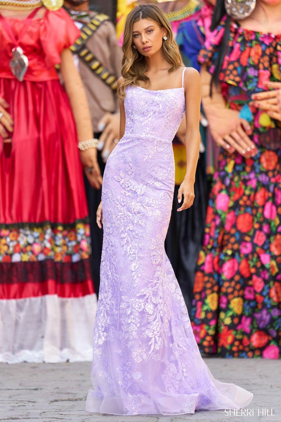 sherri hill Sequin lace fitted gown with lace up back sherri hill Sequin lace fitted gown with lace up back