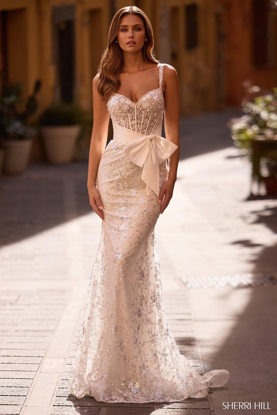 Sherri Hill Sequin Lace Fitted Gown With Sweetheart Neckline And Taffeta Bow On Waist