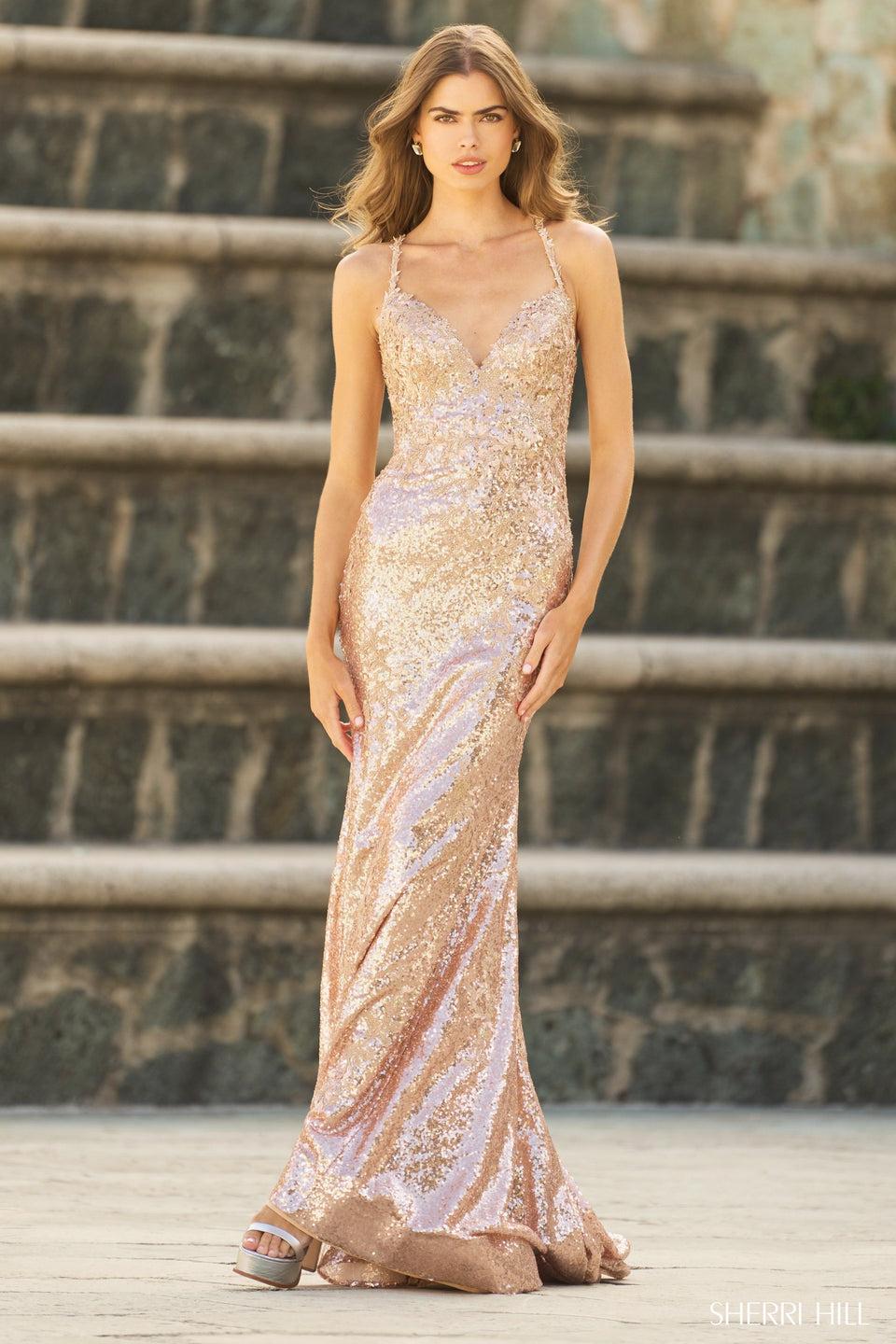 Sherri Hill Sequin Lace Gown With V-Neckline And Lace Up Back