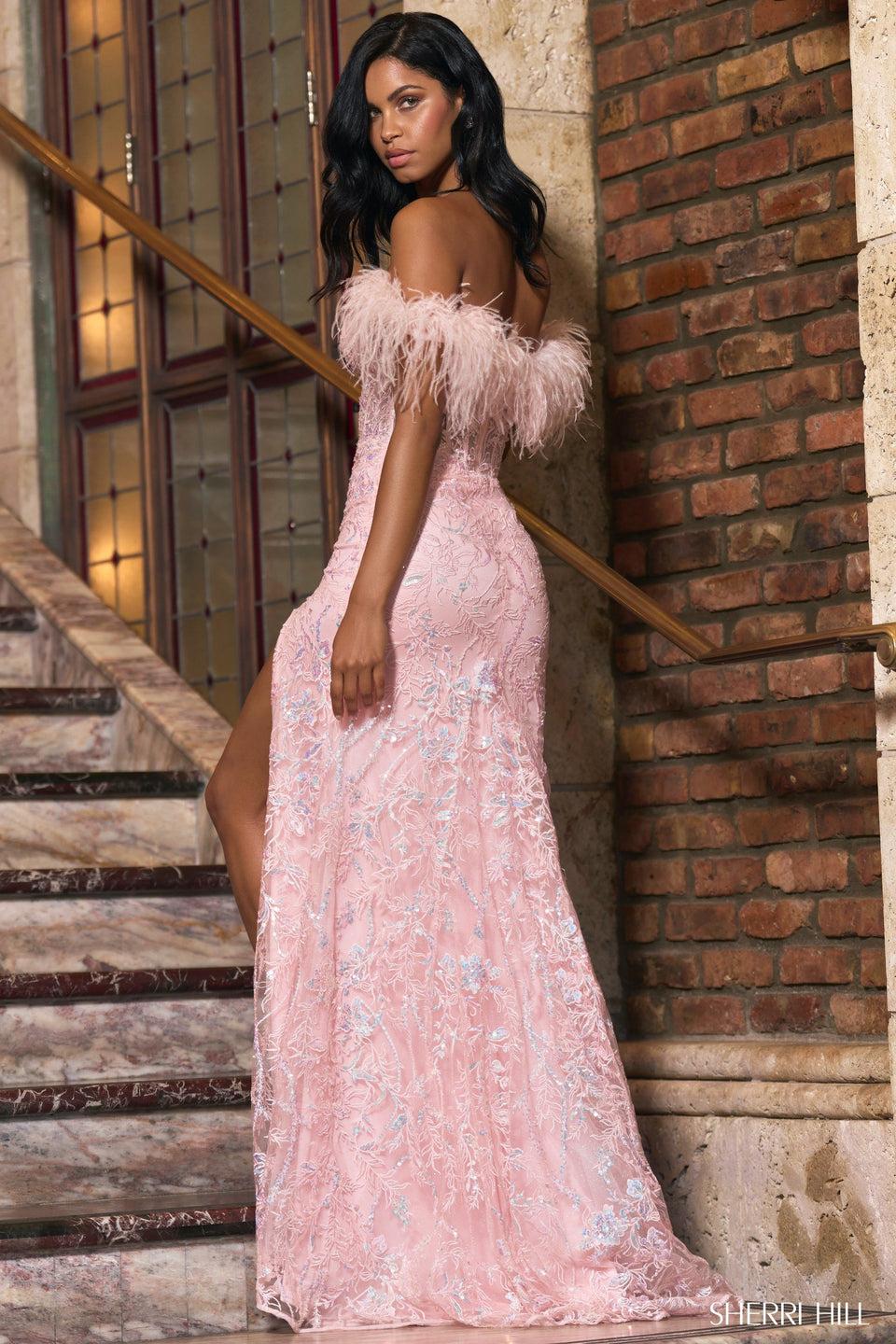 Sherri Hill Sequin Leaf Lace Embroidered Gown With Deep V Corset Top Feathered Sleeves And Slit