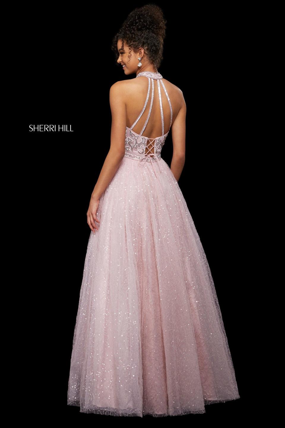 Sherri Hill Sequin Tulle A-line Gown With Beaded High Neck Bodice With Lace Up Back