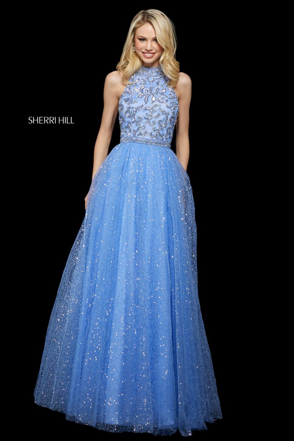 sherri hill Sequin tulle A-line gown with beaded high neck bodice with lace up back