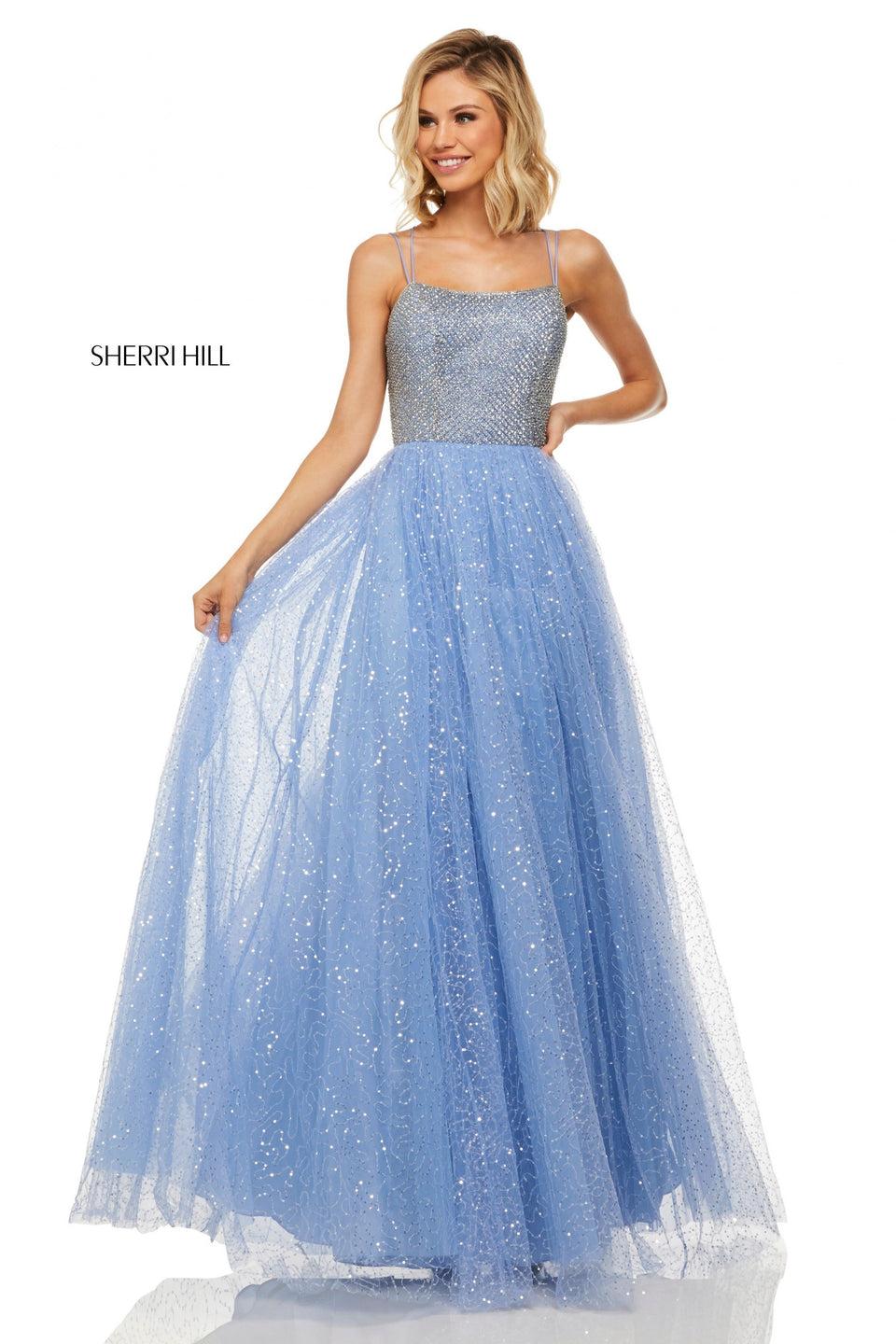 sherri hill Sequin tulle A-line with jewel encrusted bodice and lace up back