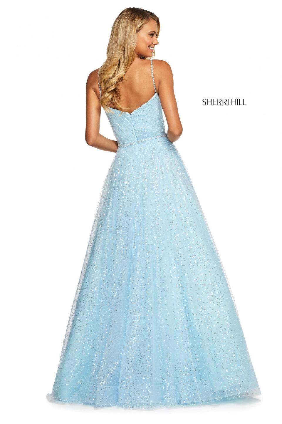 Sherri Hill Sequin Tulle A-line With V Sweetheart Neckline On Ruched Wrap Bodice With Thin Beaded Belt And Straps