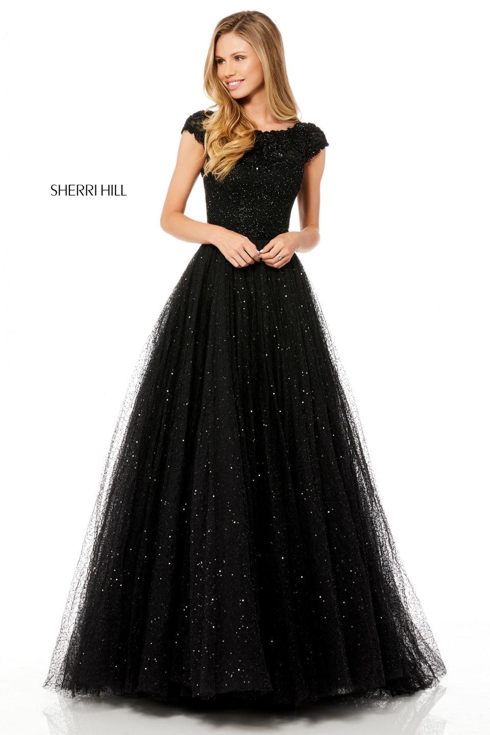 sherri hill Sequin tulle ball gown with beaded cap sleeve bodice