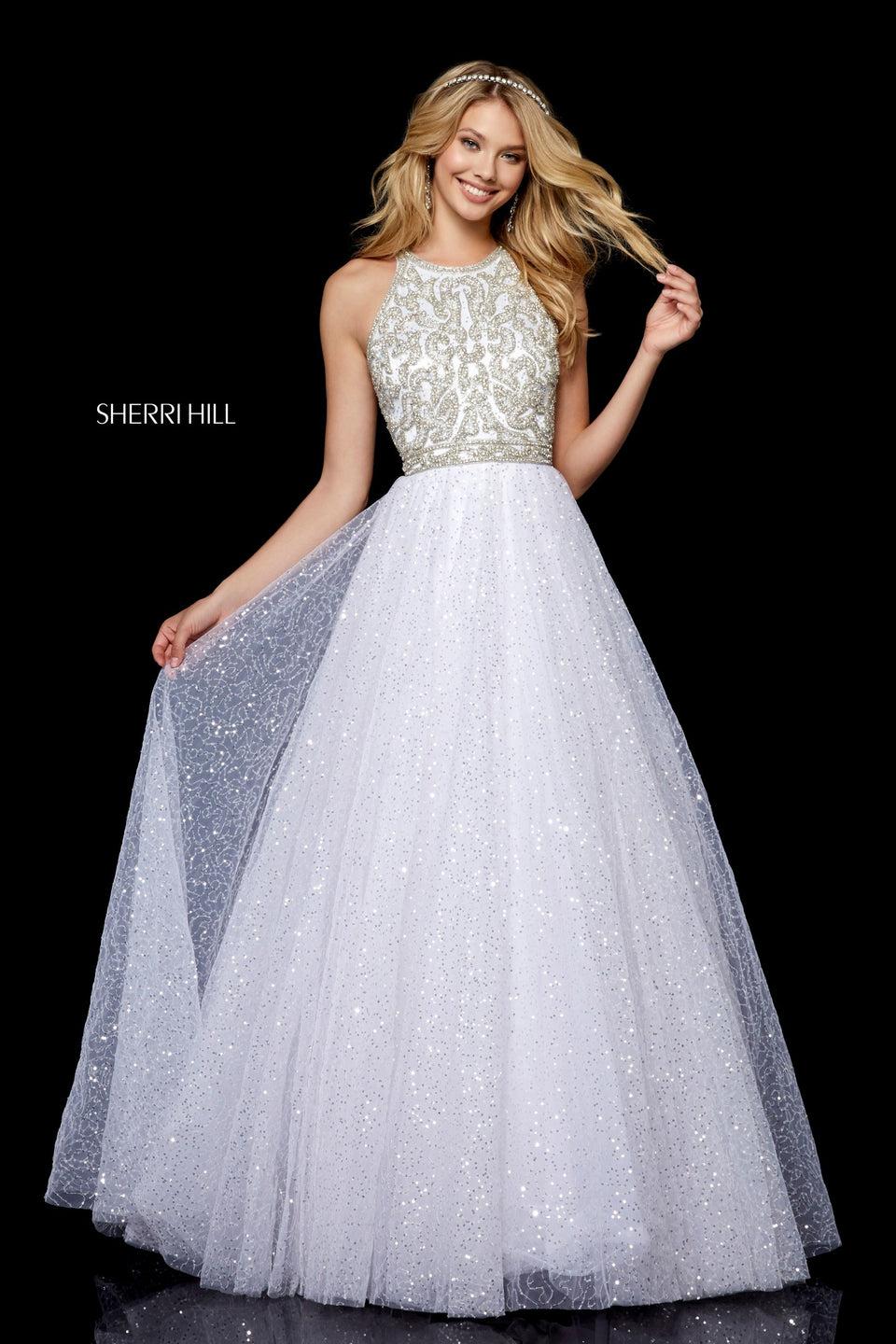 Sherri Hill Sequin Tulle Ball Gown With Beaded High Neck Bodice And Keyhole Back