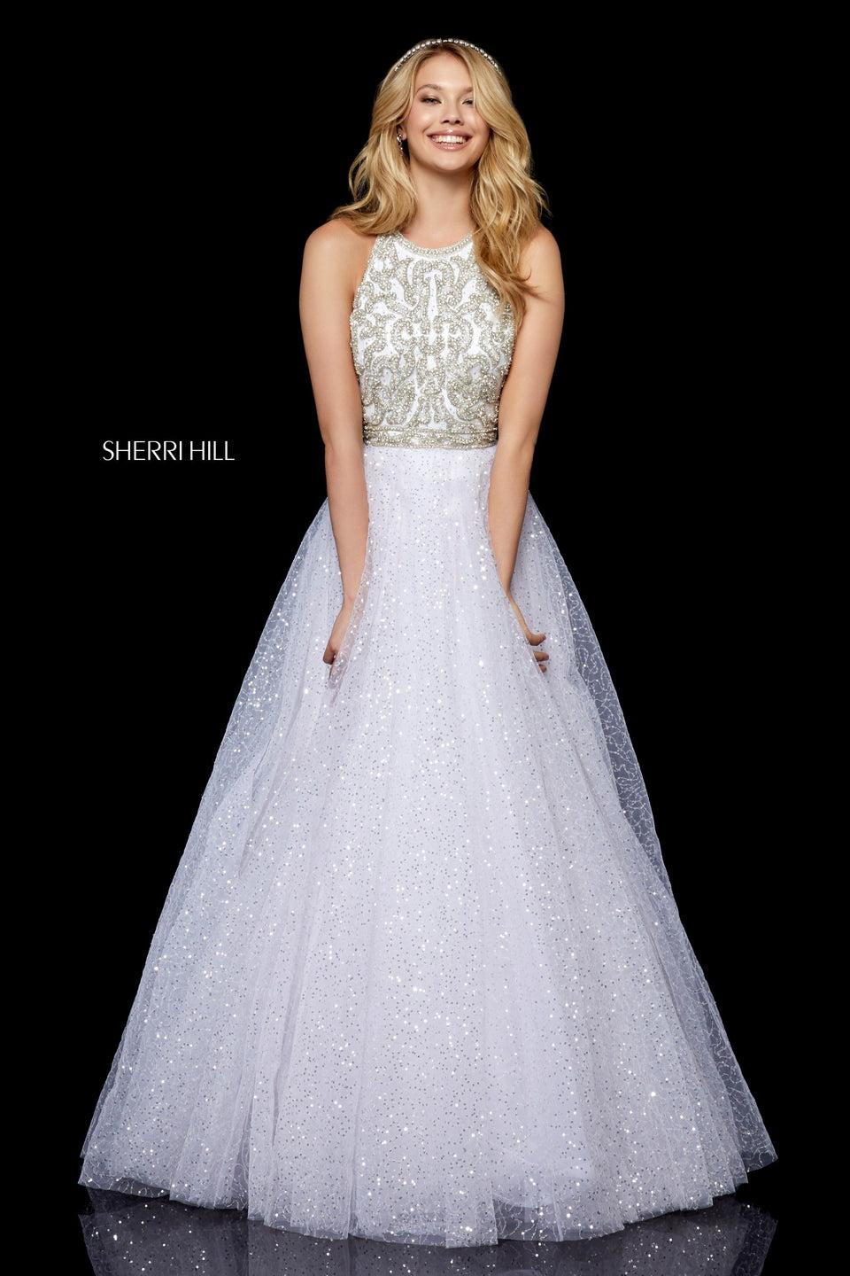 Sherri Hill Sequin Tulle Ball Gown With Beaded High Neck Bodice And Keyhole Back