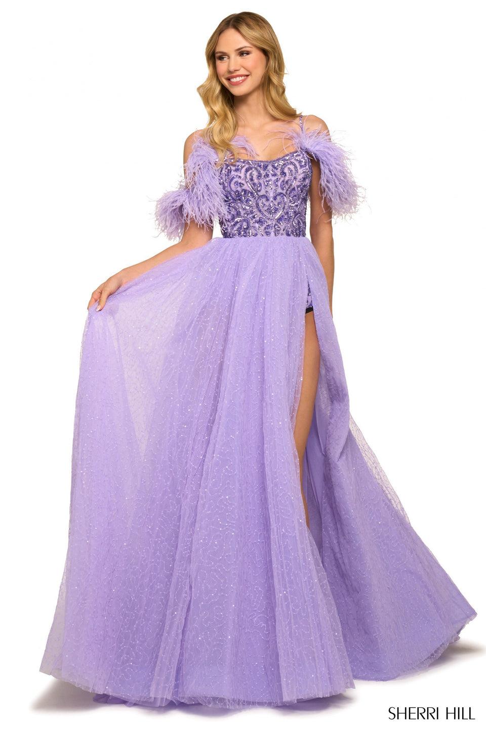 Sherri Hill Sequin Tulle Ballgown With Beaded Bodysuit Feathered Sleeves And Lace Up Back