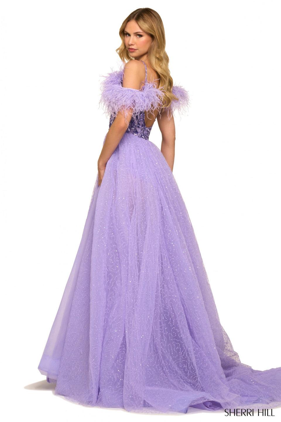 sherri hill Sequin tulle ballgown with beaded bodysuit feathered sleeves and lace up back
