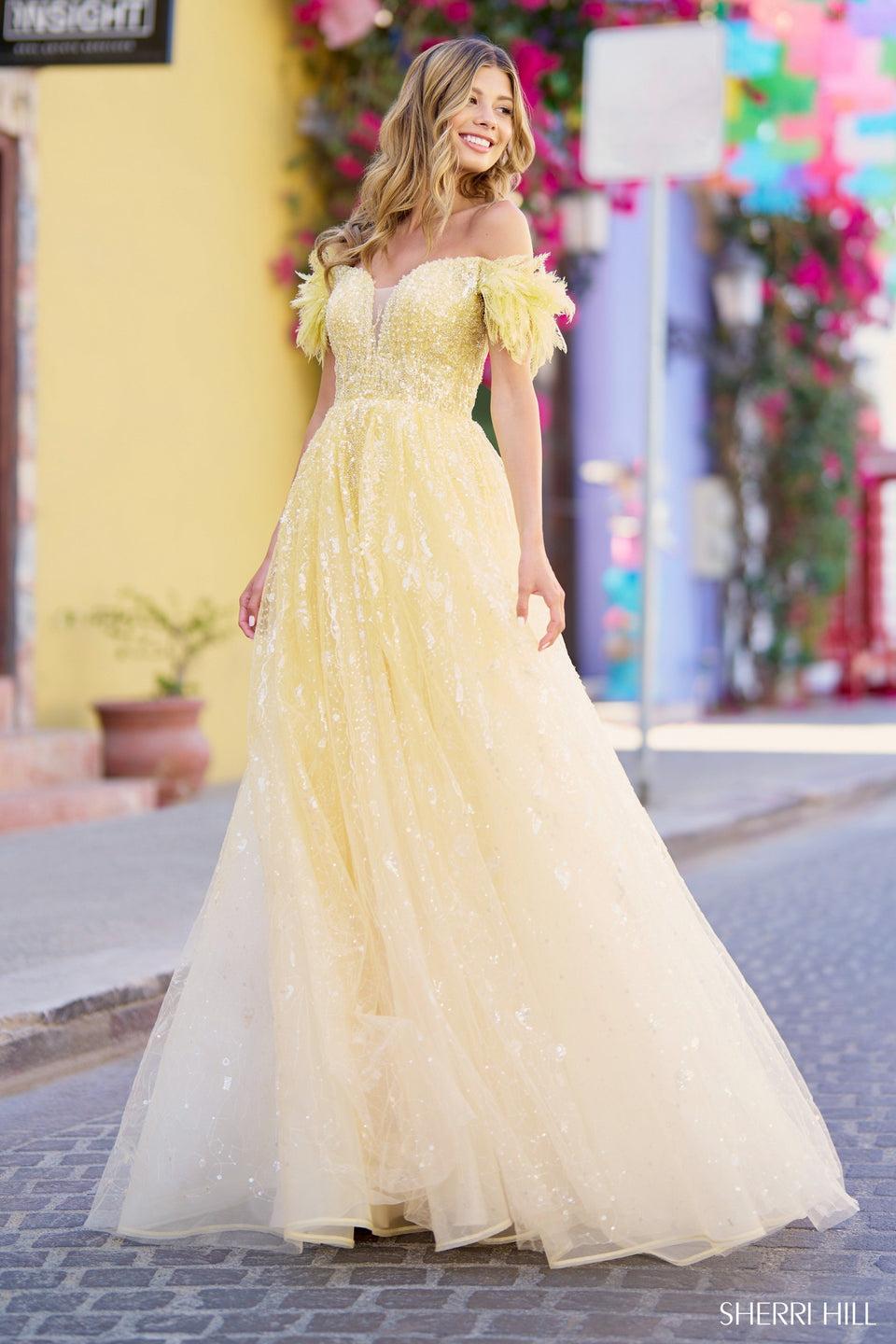 Sherri Hill Sequin Tulle Ballgown With Deep V Illusion Neckline And Lace Ruffled Off The Shoulder Sleeves