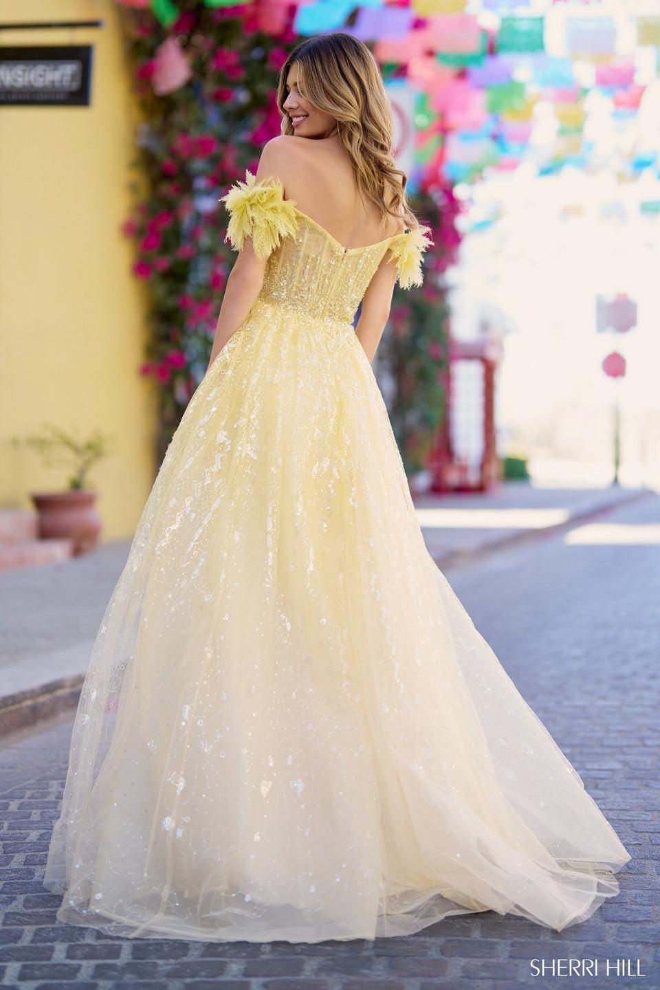 Sherri Hill Sequin Tulle Ballgown With Deep V Illusion Neckline And Lace Ruffled Off The Shoulder Sleeves