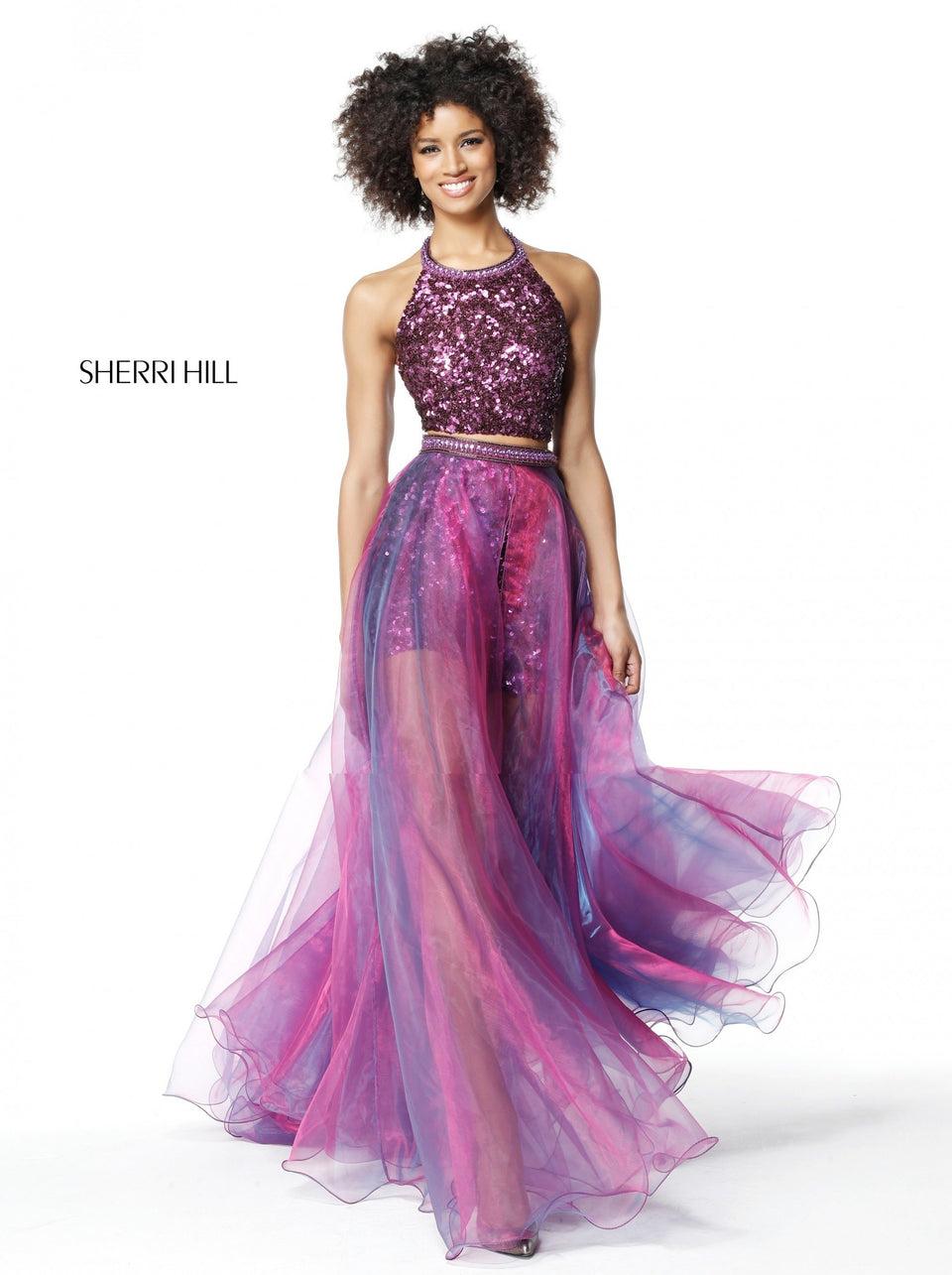 sherri hill Sequin two piece set with halter bodice and organza overskirt