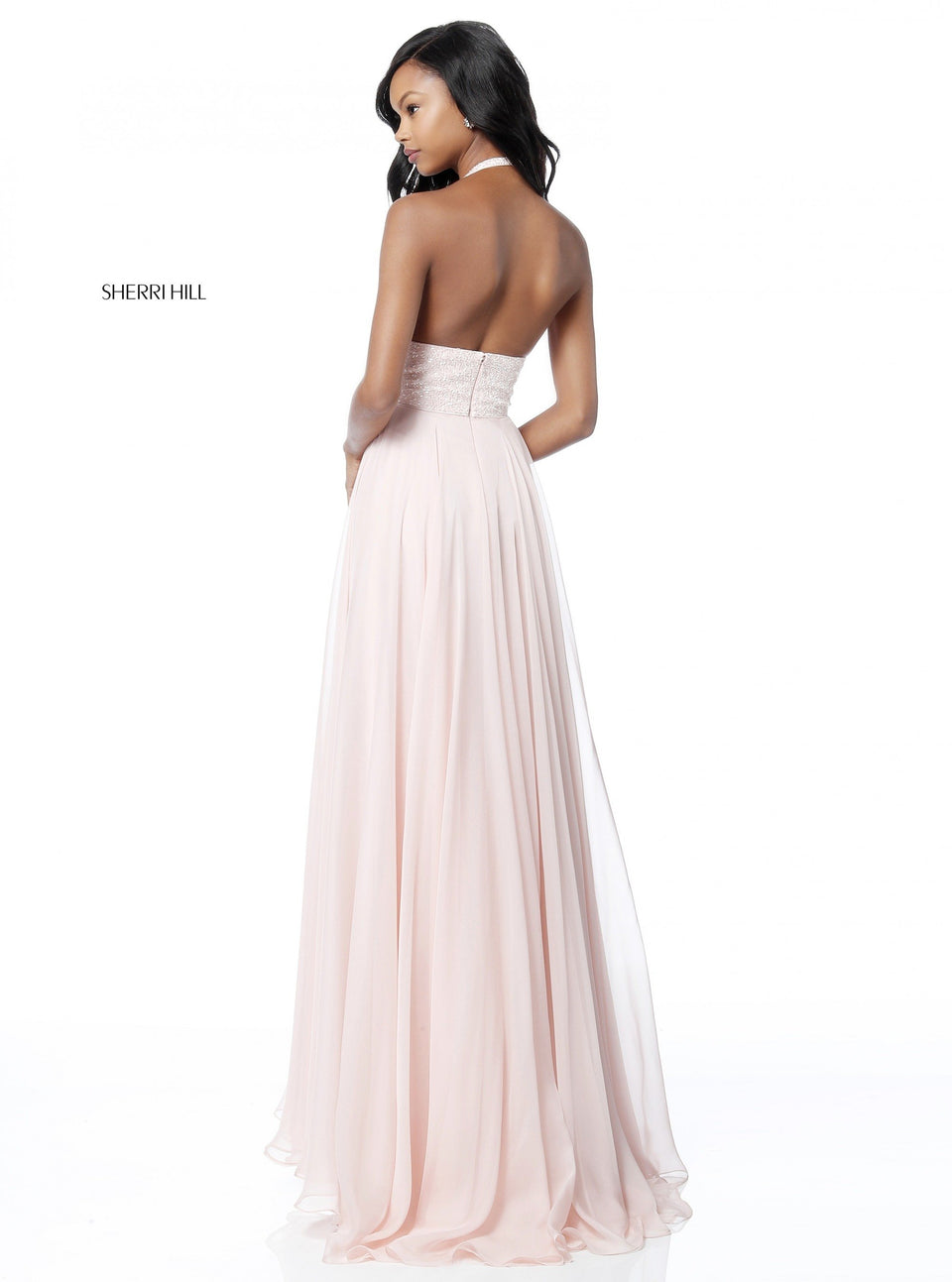Sherri Hill Sequin V Neck Halter Bodice With Chiffon Skirt