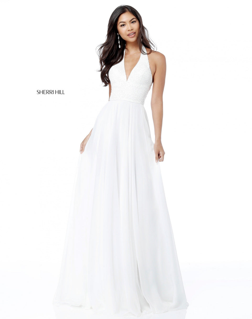 Sherri Hill Sequin V Neck Halter Bodice With Chiffon Skirt