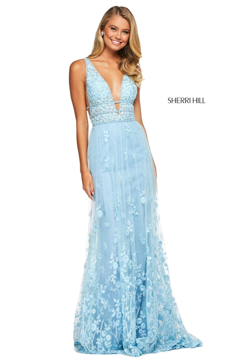 Sherri Hill Sheer Lace Deep V Neckline And Backless Bodice With Triple Beaded Belt With Embroidered Chiffon Skirt