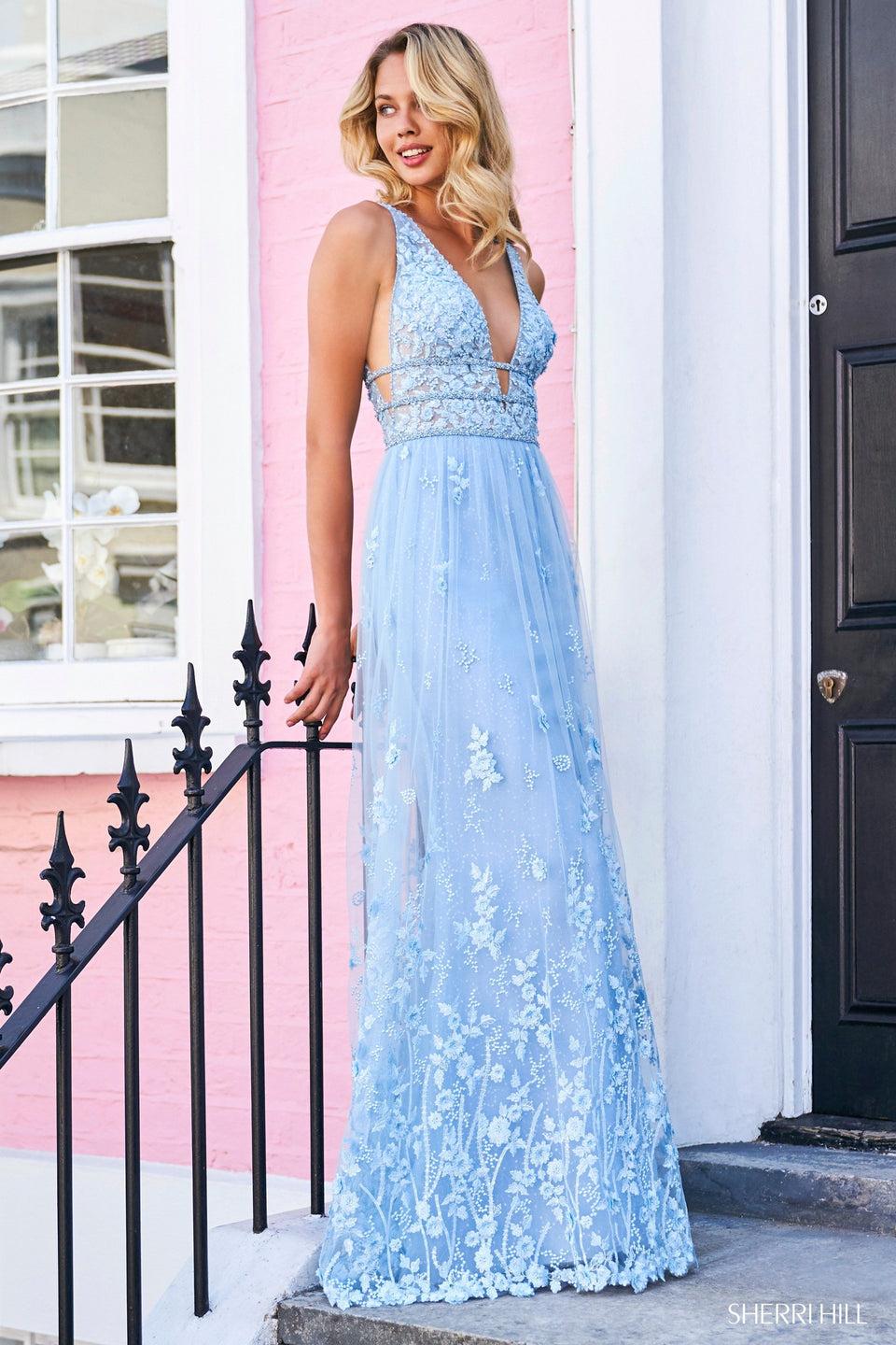 sherri hill Sheer lace deep V neckline and backless bodice with triple beaded belt with embroidered chiffon skirt