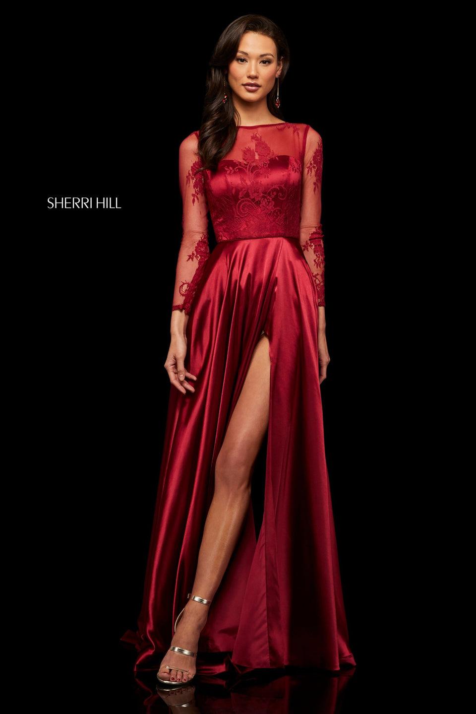 Sherri Hill Sheer Lace Long Sleeve Bodice With Lace Up Back And Charmeuse Skirt With Slit