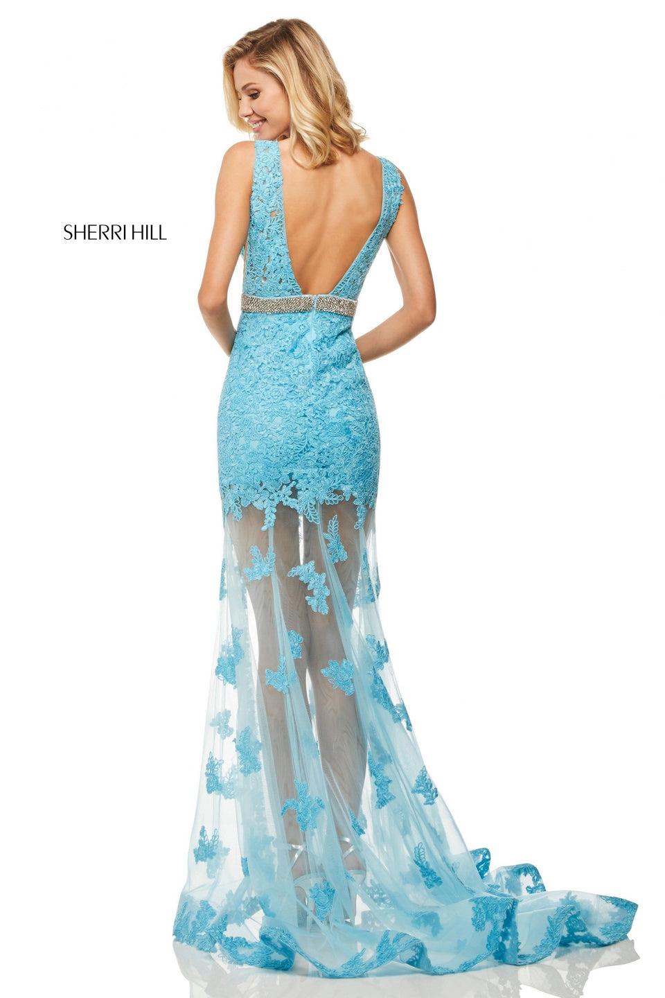 Sherri Hill Sheer Lace Mermaid With V-neckline And Beaded Belt And A Slit