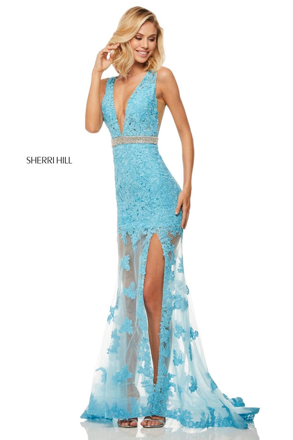 Sherri Hill Sheer Lace Mermaid With V-neckline And Beaded Belt And A Slit