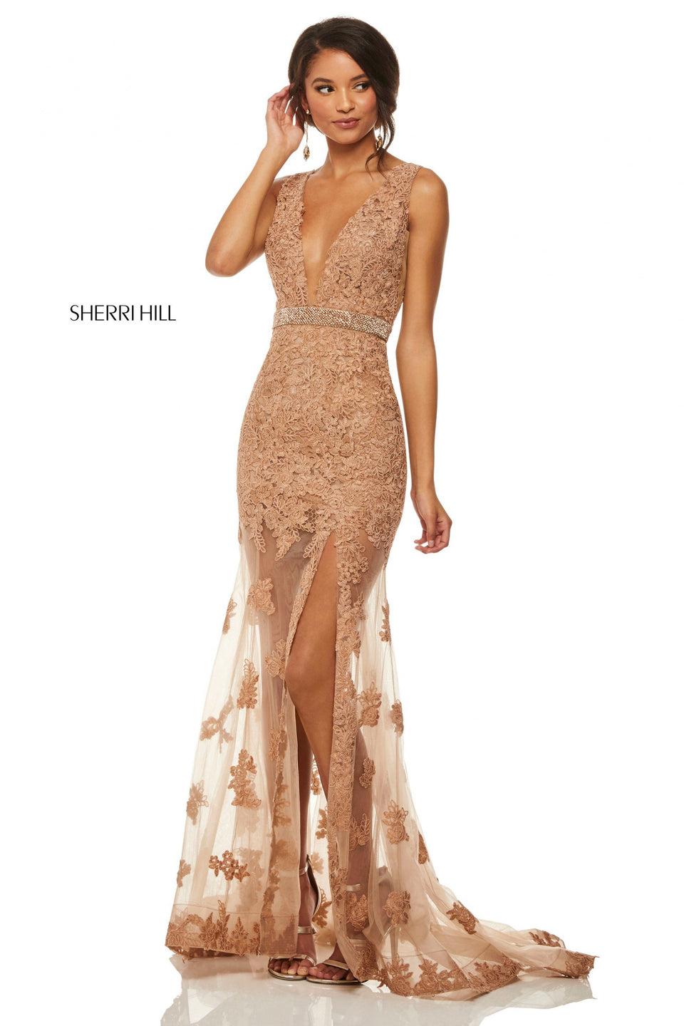 sherri hill Sheer lace mermaid with V-neckline and beaded belt and a slit