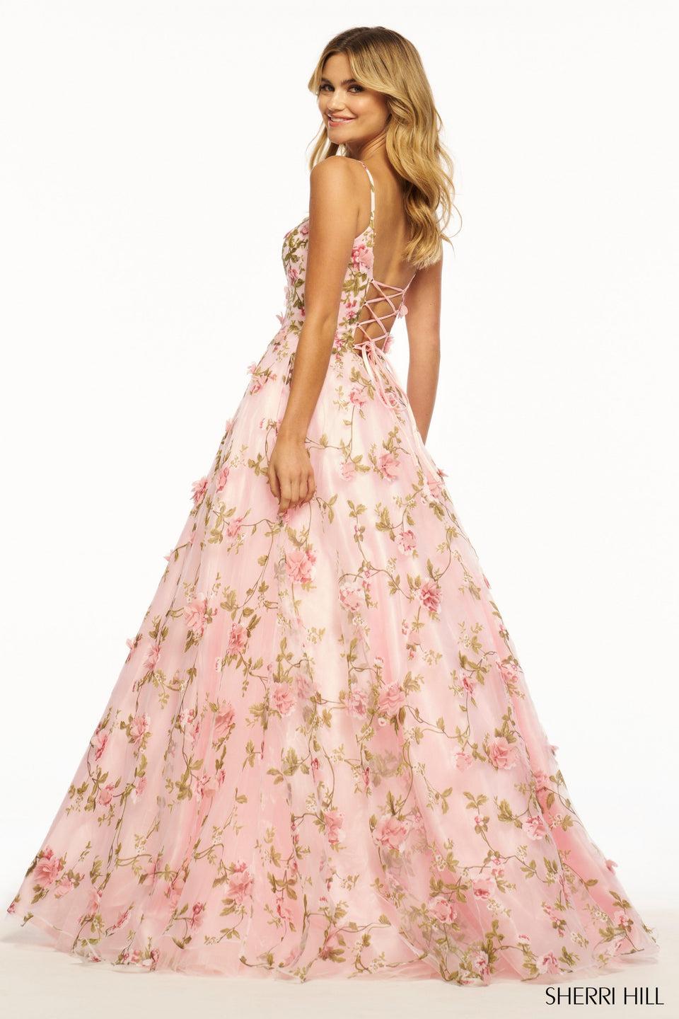 Sherri Hill 3D Flower Ballgown With Lace Up Back