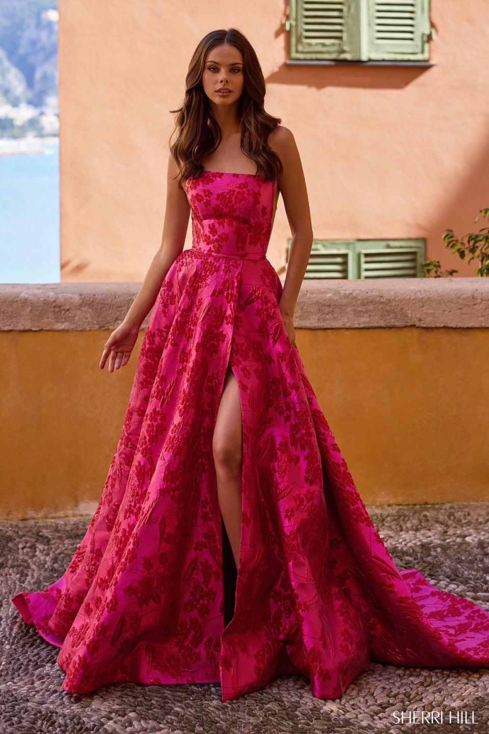 Sherri Hill A-Line Brocade Dress With High Slit