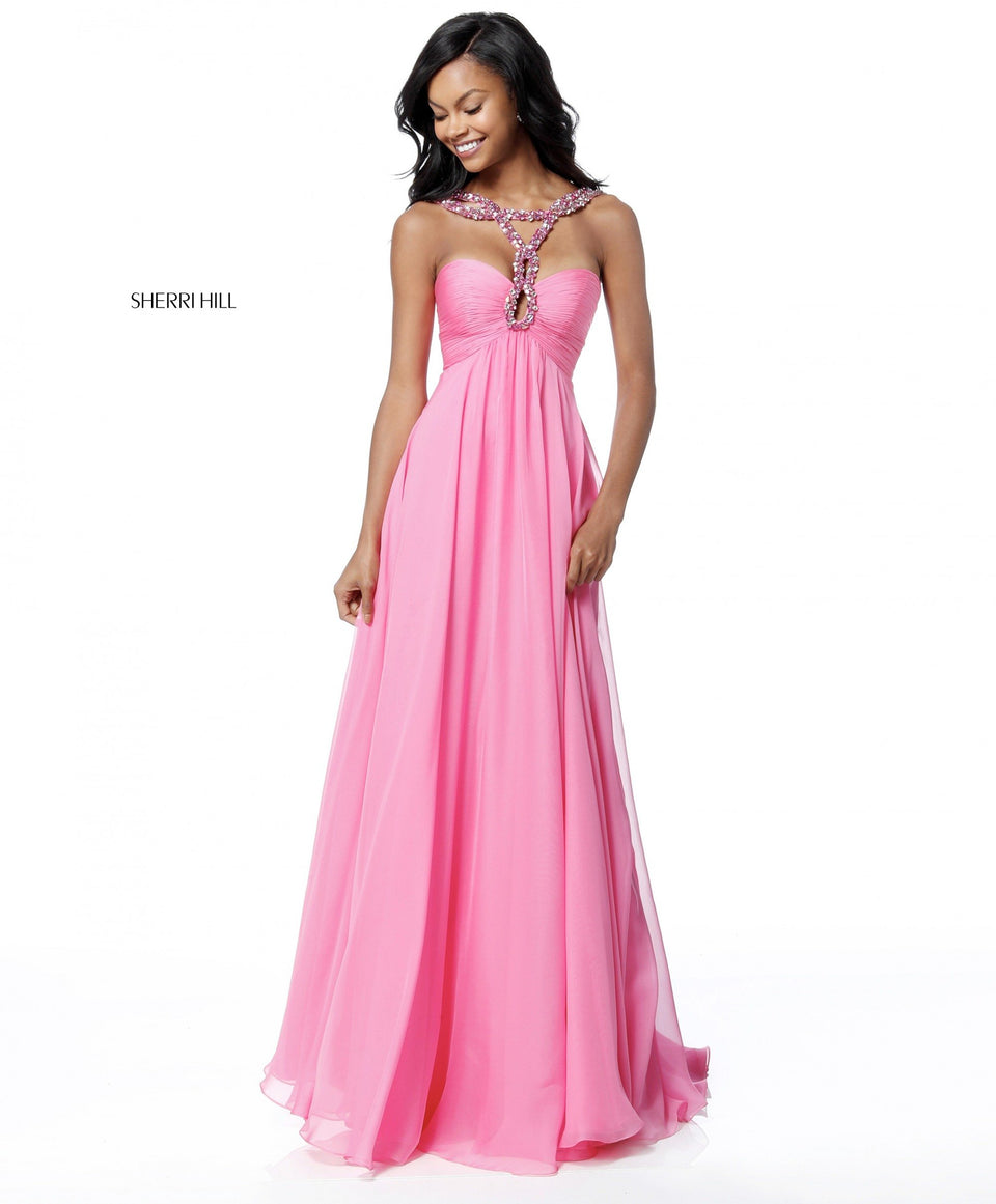 Sherri Hill Chiffon Gown With Beaded Neck Straps