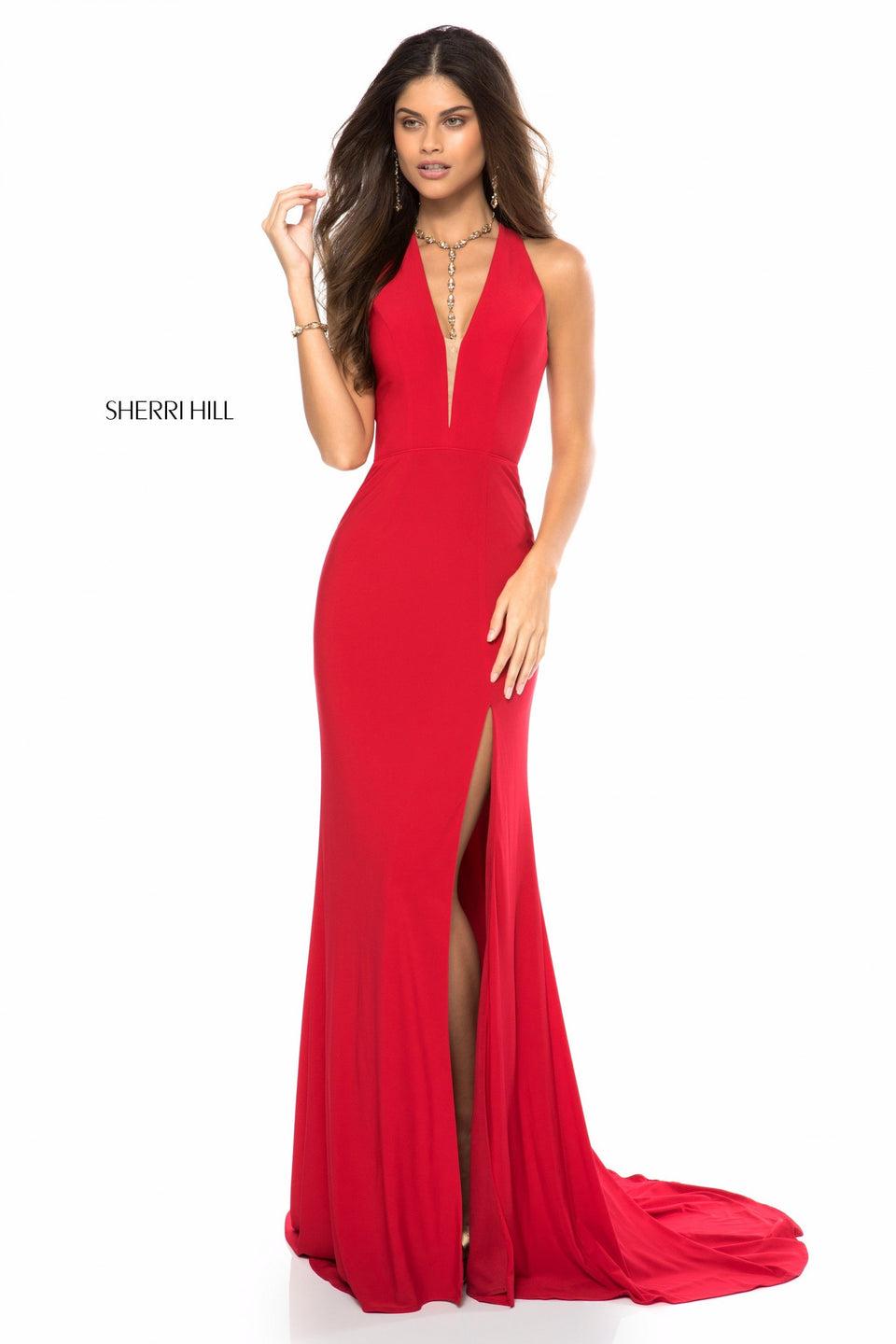 sherri hill Deep V jersey gown with slit skirt