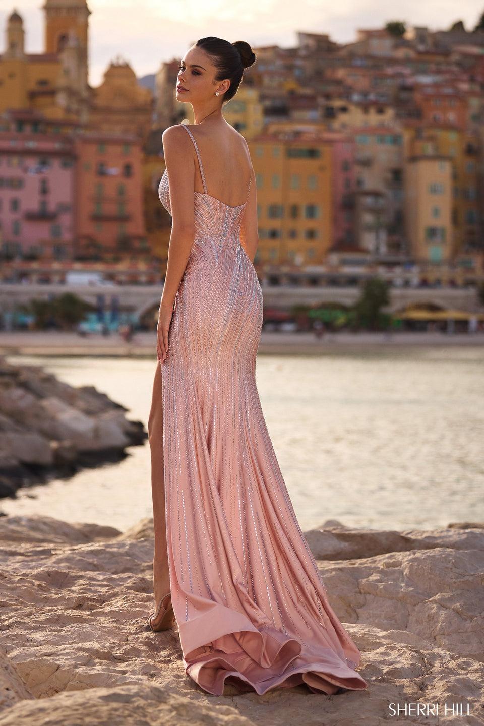 Sherri Hill Fitted Hot Fix Gown With Skirt Slit