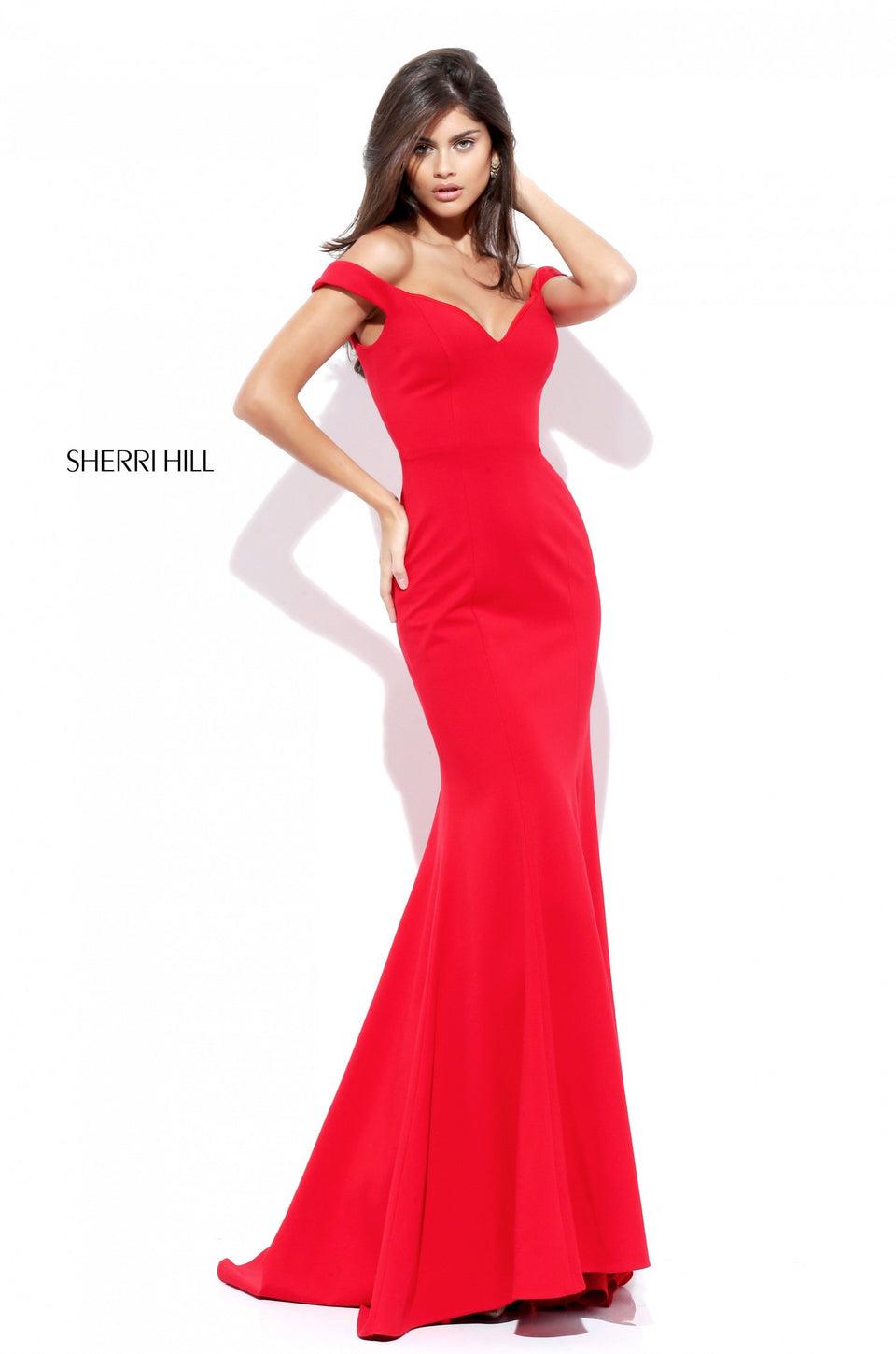 sherri hill Fitted scuba off the shoulder mermaid