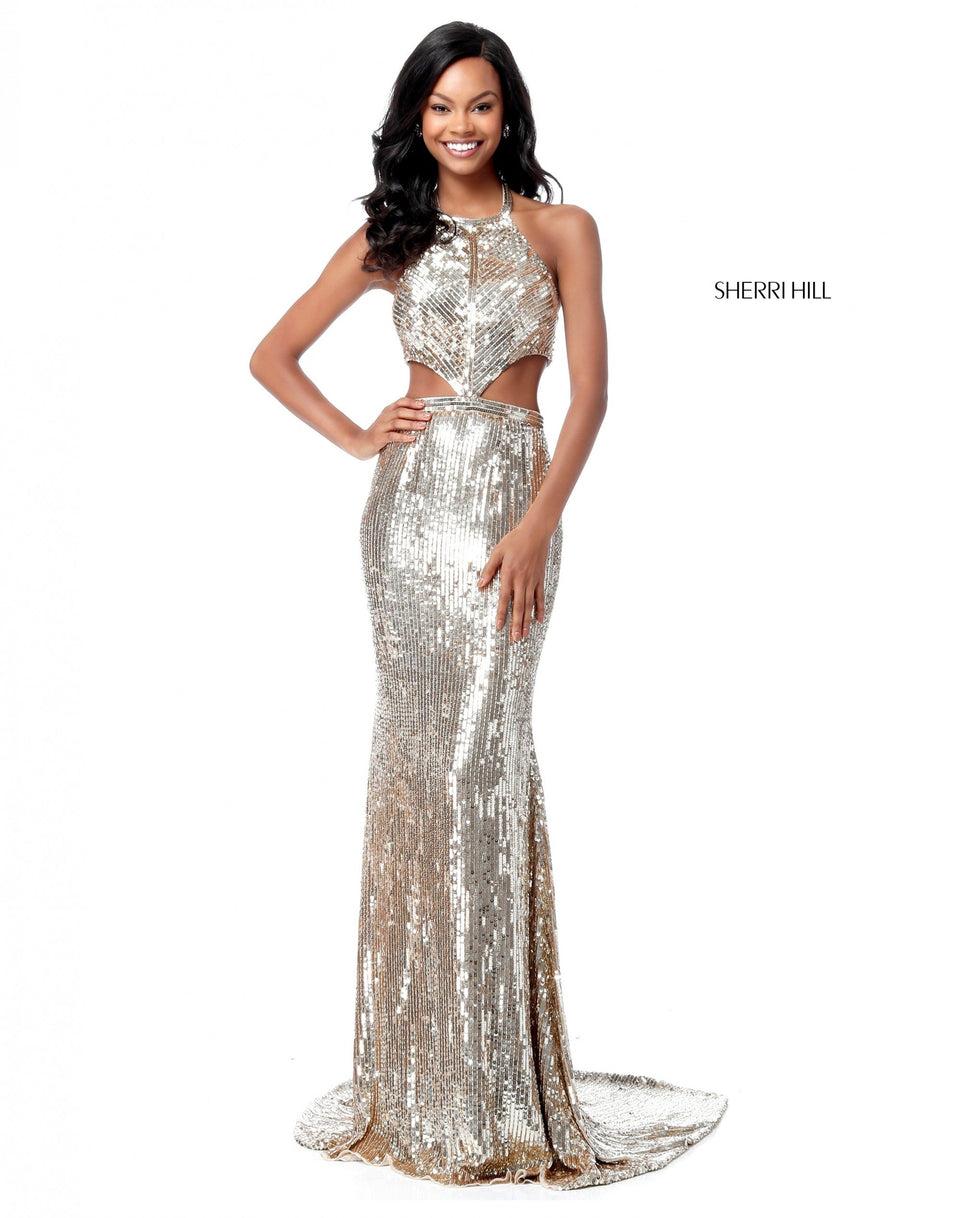 Sherri Hill Fitted Sequin Gown With Cut Out Sides