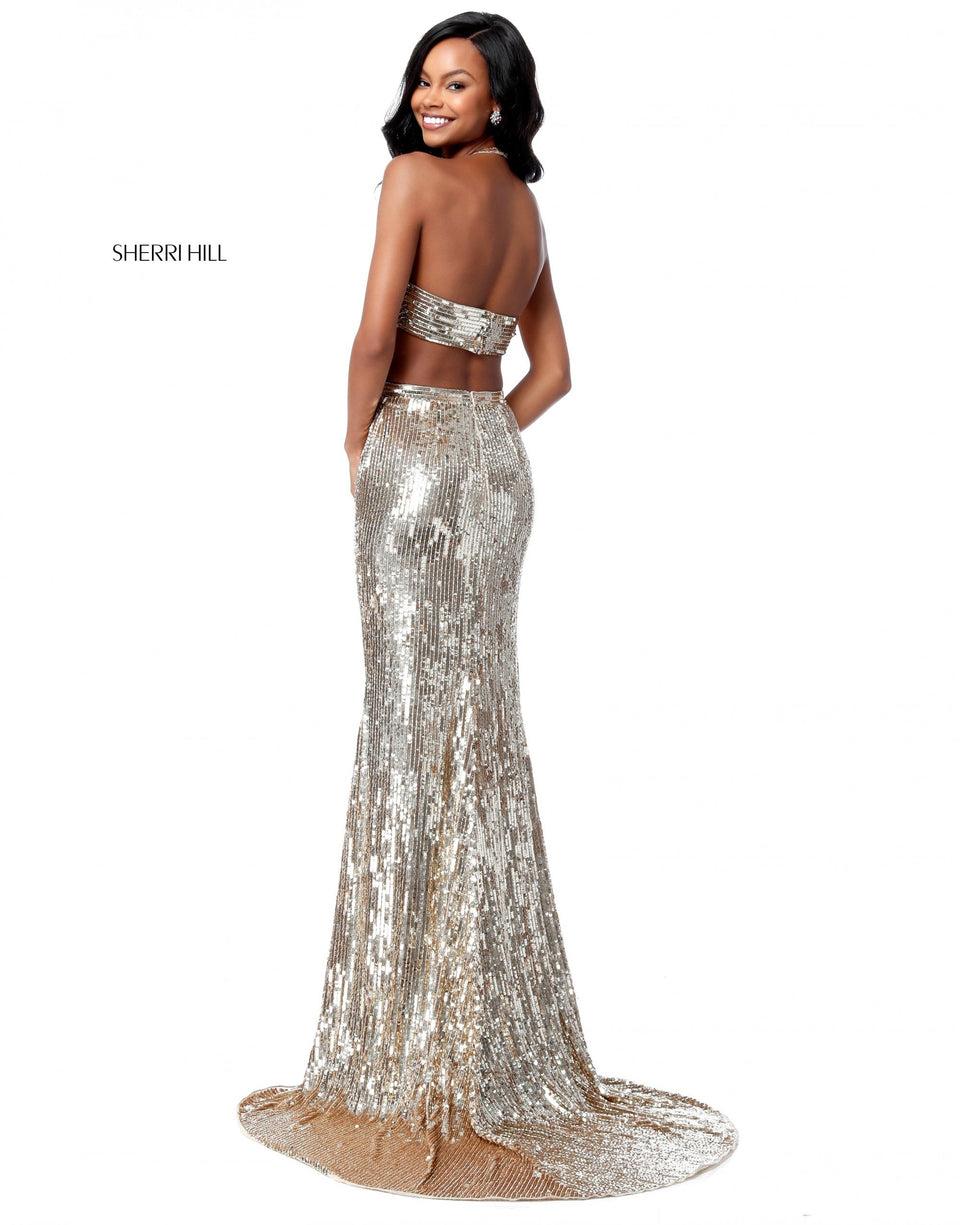 Sherri Hill Fitted Sequin Gown With Cut Out Sides