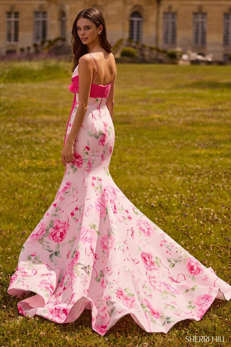 Sherri Hill Floral Mermaid Gown With Chiffon Bow