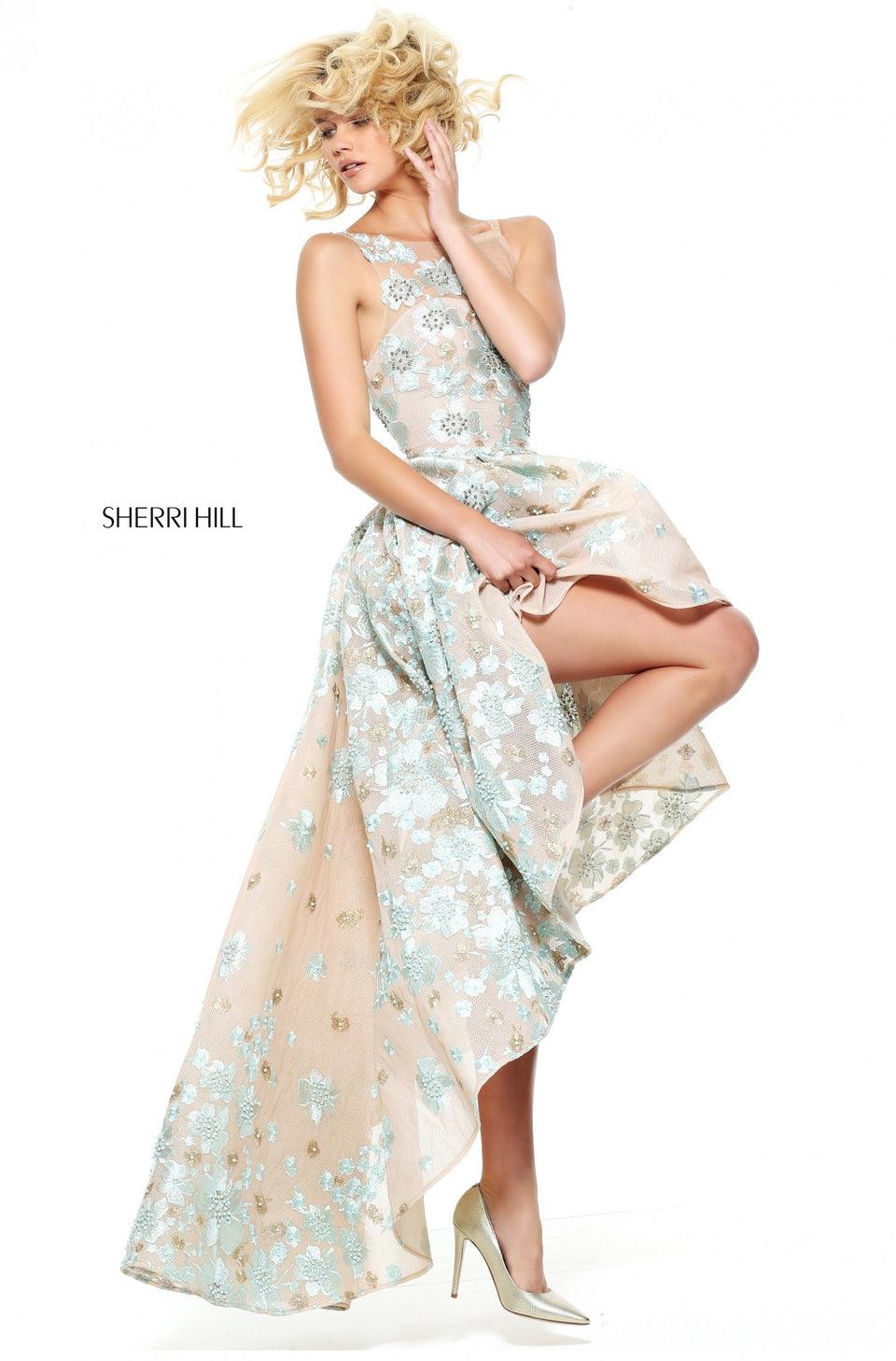 Sherri Hill High Neck Flower Embroidered High-low